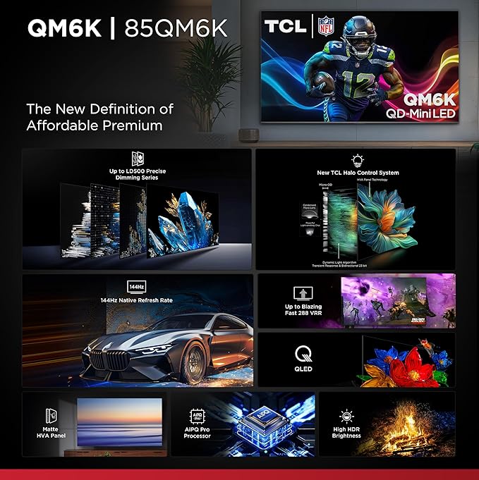 TCL 85-Inch Class QM6K Series QD-Mini LED 4K UHD Google Smart TV Best Value Mini-LED TV - QLED, 144hz, 288hz Gaming Rate, High Contrast Screen, Onkyo Audio, Dolby Atmos (85QM6K, 2025 Model)
