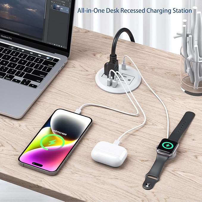 3 inch Desktop Power Grommet USB C,20W Fast Charging Station,Furniture Recessed Power Strip,2 Outlets,3 USB Ports,Flush-Mount for Desktop, Workspace Essential Desk Outlet,2 Pack (White)