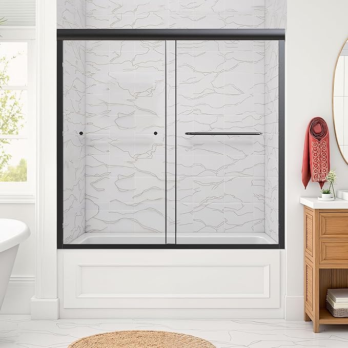 56-60" W x 58" H Bathtub Door Bathroom Tub Shower Door 1/4"(6mm) Thick Tempered Glass Shower Door with Stainless Steel Handle for Bathtub, Matte Black