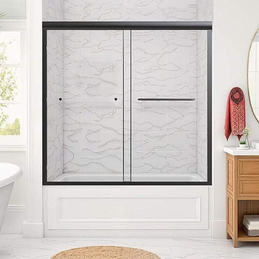 56-60" W x 58" H Bathtub Door Bathroom Tub Shower Door 1/4"(6mm) Thick Tempered Glass Shower Door with Stainless Steel Handle for Bathtub, Matte Black