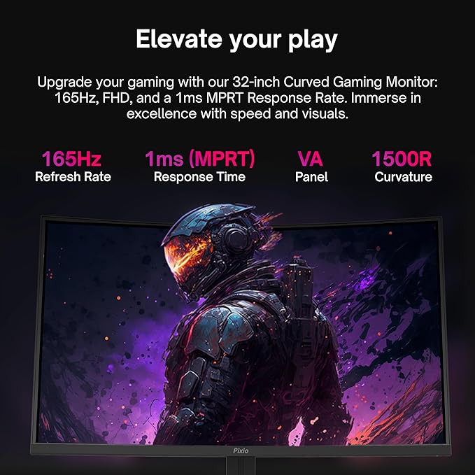 Pixio PXC325 32 inch 165Hz Refresh Rate FHD 1080p Resolution 1500R Curved VA Panel 1ms MPRT Response Time Adaptive Sync HDR Tilting Stand Gaming Monitor