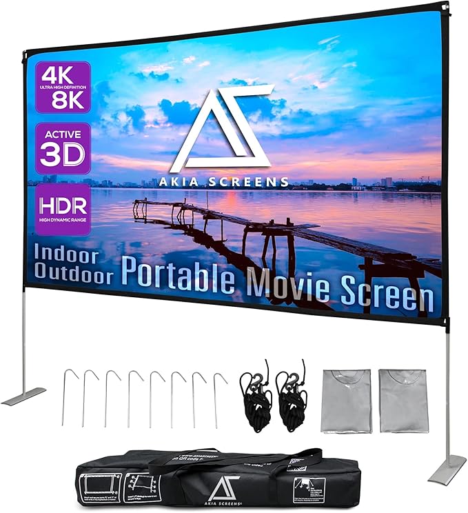 Akia Screens 125 inch Portable Projector Screen with Stand Upgraded and Carry Bag 16:9 HD Rear Front Projection Screen for Indoor Outdoor Home Theater Backyard Travel Foldable Movie Screen AK-OPS125H