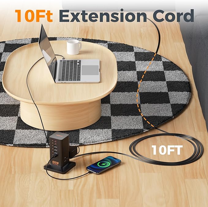 USB Charging Station for Multiple Devices 10Ft Cord, TESSAN 9-in-1 USB C Charger Block PD 65W for iPhone 16/15, MacBook, Tablet, Type C Desktop Charger with 3 AC, Home Travel Office Accessories