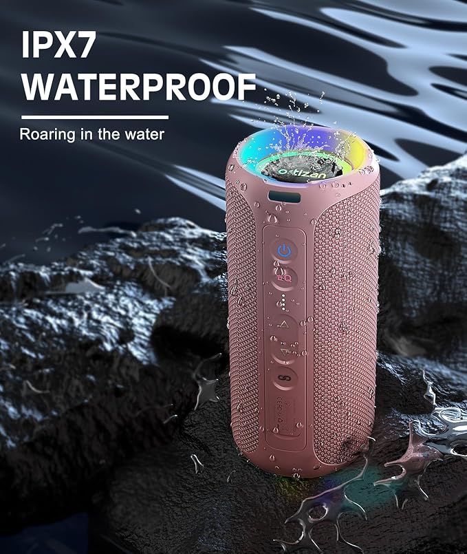 Ortizan Bluetooth Speakers, Portable Wireless Stereo Speaker - IPX7 Waterproof, 30W RMS(40W Peak) Loud Sound, Deep Bass, LED Light, Bluetooth 5.3, for Home/Shower/Outdoor/Beach, Gifts for Adult, Pink