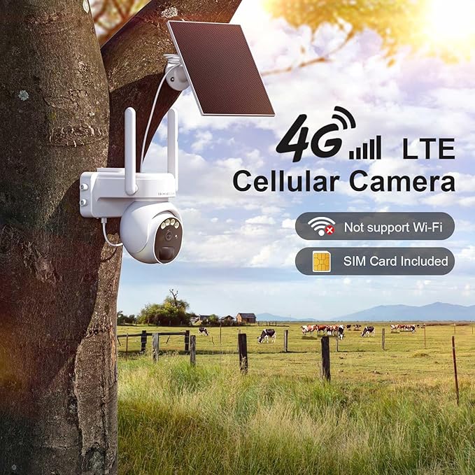 4G LTE Cellular Security Camera Wireless Outdoor, No WiFi Security Camera with Solar Panel, Off Grid Cell Camera for Jobsite, Built-in SIM Card