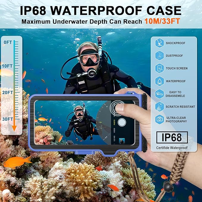 2025 Upgrade Waterproof Phone Case, Diving Snorkeling Swimming Scuba Underwater Touch Screen Photo Video Housing Cover for 17/16/15/14/13/12/11 Pro Max/XS/X Samsung Galaxy S25/S24/S23/S22 (Blue Black)