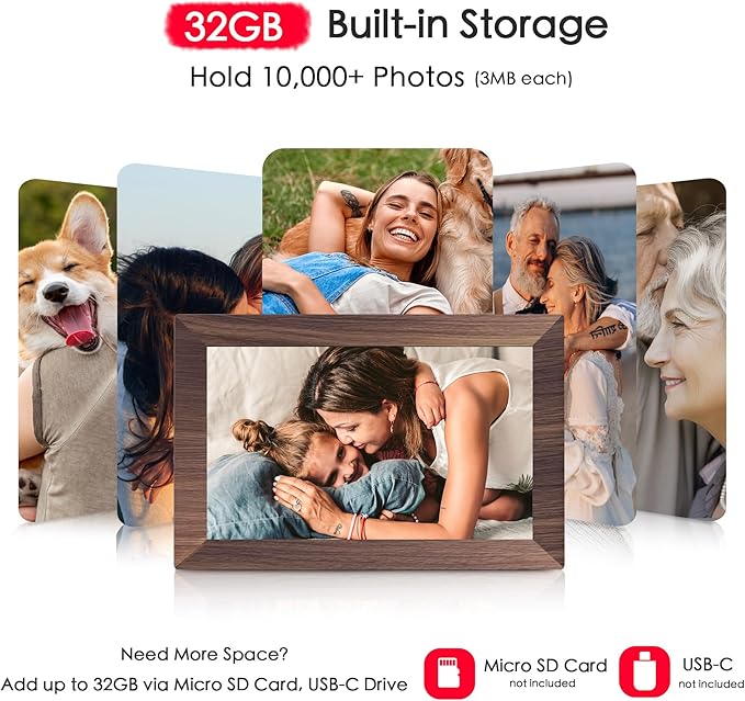 Digital Picture Frame, 10.1 inch Frameo Digital Frame WiFi, 1280 * 800 IPS HD Touchscreen, 32GB Storage, Instant Share Pictures Video, Smart Photo Frame Electronic, Gifts for Mom, Grandma, Woodgrain