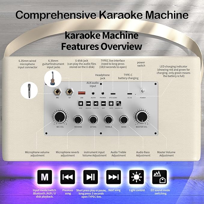 Portable Bluetooth Speaker with 2 Wireless Mics | 70W Peak Deep Bass Birchwood Cabinet | Bluetooth PA System for Outdoor Camping, Backyard| Dynamic LED Lights USB/AUX/OTG Rechargeable Battery (White)