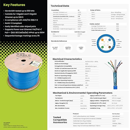 TRUE CABLE Cat6 Shielded Riser (CMR) Bulk Ethernet Cable, 1000ft, Green, 23AWG Solid Bare Copper, 550MHz, Overall Aluminum Foil Shield (F/UTP), PoE++ 100W, ETL Listed