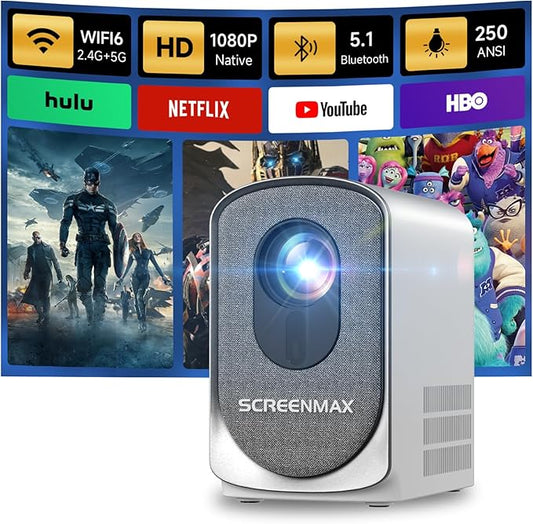 [Electric Focus] SCREENMAX C7 Mini Projector with WiFi and Bluetooth, 1080P Supported, Portable Projector for Outdoor & Indoor, Compatible with HDMI, Need Fire Stick for HULU, NETFLIX, YOUTUBE, HBO