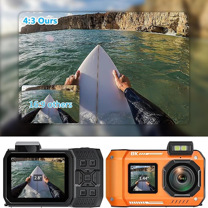 8K Waterproof Digital Camera Snorkeling: 70MP 33FT Compact Rugged Underwater Camera - HD Dual-Screen with 18X Zoom Selfie 64GB Card & 2500 mAh Battery for Outdoor Scuba Diving Fishing Swimming Orange