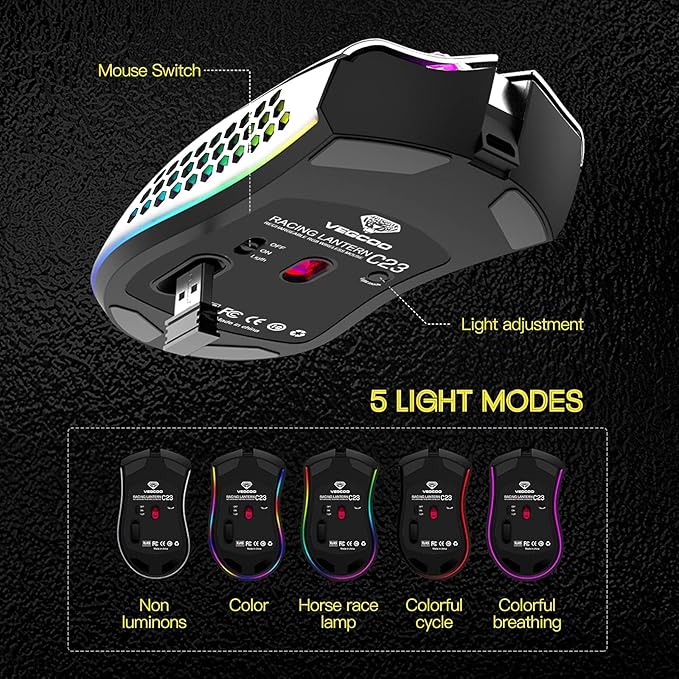 VEGCOO Wireless Gaming Mouse, Silent Click Wireless Rechargeable Mouse with Colorful LED Lights and 3 Level DPI 400mah Lithium Battery for Laptop and Computer (C23 White)