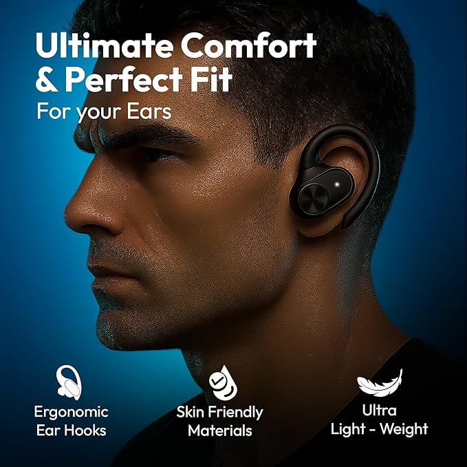 Bluetooth Wireless Earbuds, Waterproof Over-Ear Headphones with LED Digital Display, Sports Earphones with Earhooks, Wireless Charging Case for Workout, Gym, Running