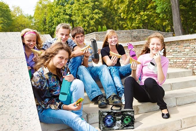 Mini Boombox with LED Speakers – Retro Bluetooth Speaker w/Enhanced FM Radio - Perfect for Home and Outdoor (Green Camo)