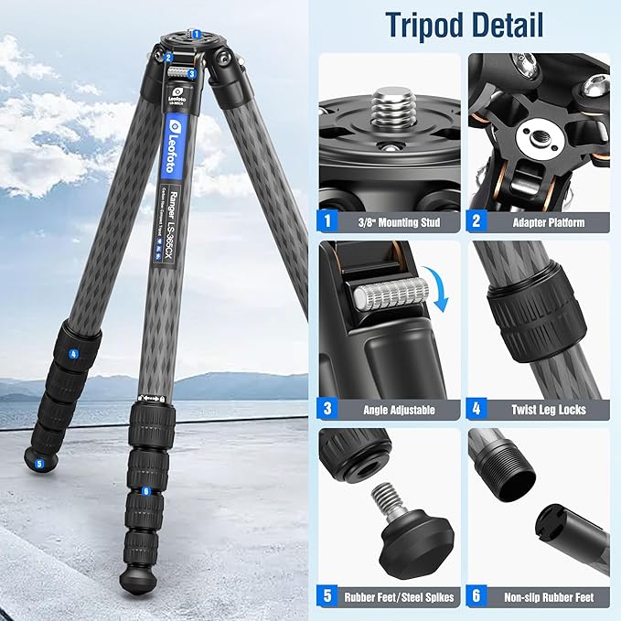 LEOFOTO LS-365CX Professional Camera Tripod, 3/8" Mounting, Folded 3", Length 60”, 5 Section, Compact Carbon Fiber 1.77kg Lightweight Tripod Stand for DSLR Video Camcorder, Max Load 44lbs/20kg