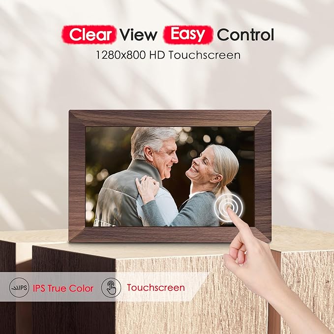 Digital Picture Frame, 10.1 inch Frameo Digital Frame WiFi, 1280 * 800 IPS HD Touchscreen, 32GB Storage, Instant Share Pictures Video, Smart Photo Frame Electronic, Gifts for Mom, Grandma, Woodgrain