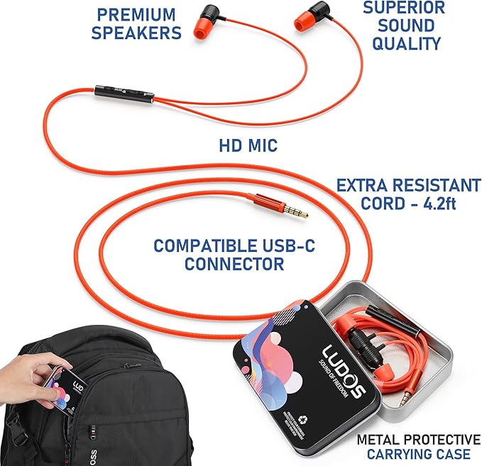 LUDOS Ultra Wired Earbuds in-Ear Headphones, 5 Years Warranty, Earphones with Microphone, Noise Isolating Ear Buds, Memory Foam for iPhone, Samsung, School Students, Kids, Women, Small Ears - Coral