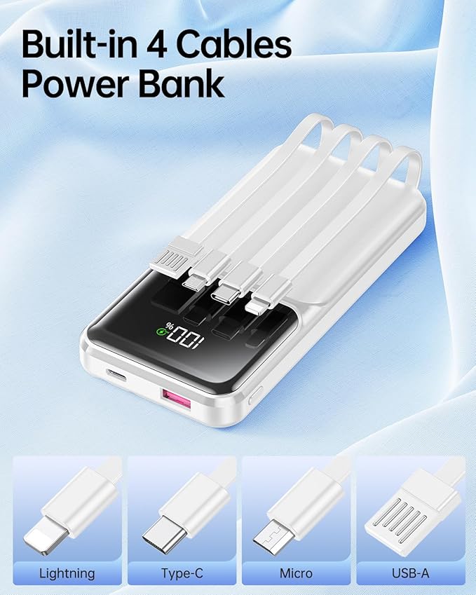 Portable Charger with Built in Cable - 22.5W Fast Charging 20000mAh Slim Power Bank USB C LED Display Battery Pack 5 Outputs & 3 Inputs for iPhone Samsung Android iPad Phones Travel Essentials etc