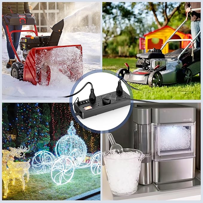 VNJ Outdoor Power Strip with 8AC Outlets + 4USB Ports, IPX6 Waterproof Surge Protector, Safety Lock Design and ETL-Certified Cables, 15FT Extension Cord for Home, Garden, and Commercial Use