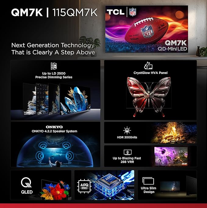 TCL 115-Inch QM7K QLED 4K Smart QD-Mini LED TV with Google TV (115QM7K, 2025 Model) Dolby Vision IQ, Dolby Atmos, HDR, Game Accelerator up to 288Hz, Voice Remote, Compatible with Alexa