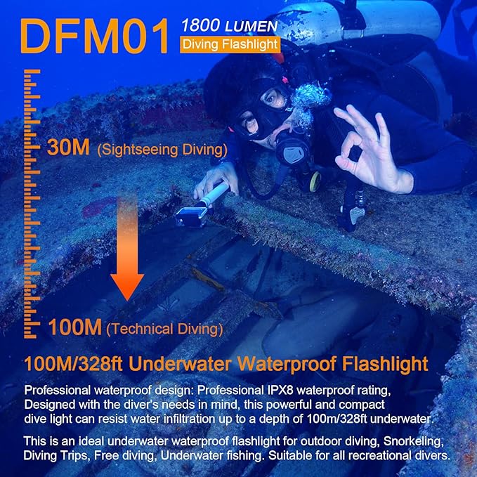 1800LM Dive Light Scuba Diving Flashlight,Super Bright Rechargeable Diving Flashlight with Magnetic Switch, 5 Modes Waterproof Underwater Light (100m/330ft) for Night Diving Underwater Photography