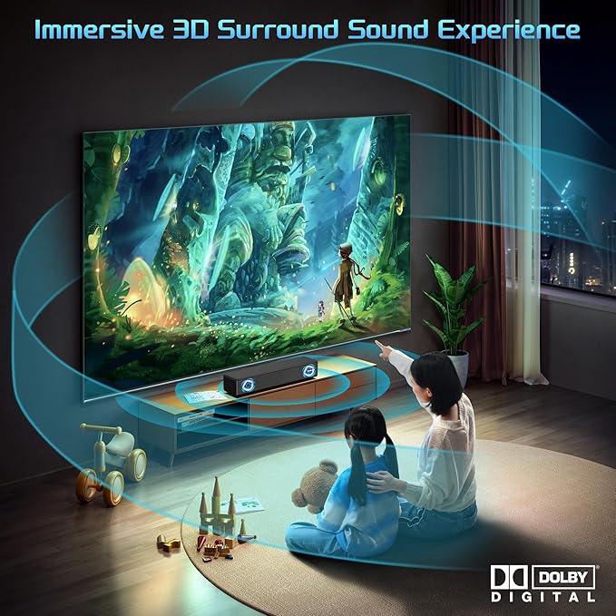 TV Sound Bar, Bluetooth Soundbar with Dolby Digital Surround Audio System for Smart TV, HDMI ARC/Opt/Aux Home Theater Speaker for Game/PC/Projector