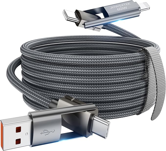 4 in 1 Charging Cable,60W USB to USB C Cable 10 ft 2 Pack,Fast Charging Multi Charger Cord with Type C/USB A/L Port for iPhone 16/15/14 Series MacBook iPad Pixel Samsung Switch PS5 Tablet and More