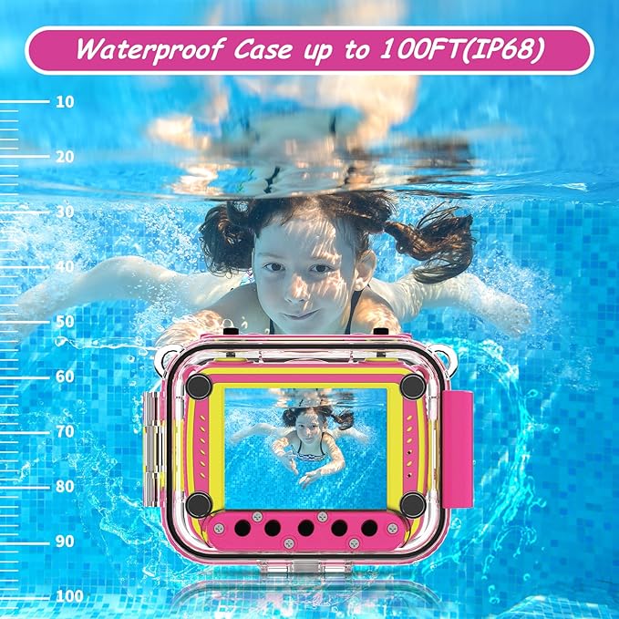 Ourlife Kids Underwater Camera,Waterproof Cameras Toys for Toddler,1080P 2.4'' Large Screen Cam Digital Camera with 8GB Card,Fill Light,Christmas Birthday Gift for Girls Ages 3-12 (Pink)