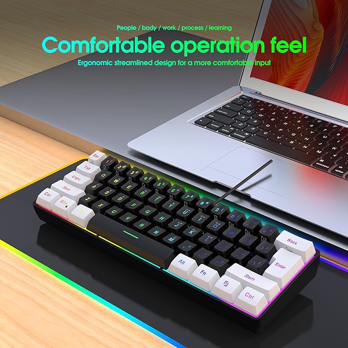 Snpurdiri 60% Wired Gaming Keyboard, Small RGB Backlit Membrane Gaming Keyboard, Ultra-Compact Mini Waterproof Keyboard for PC Computer Gamer White and Black