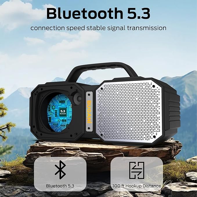 BUGANI Bluetooth Speaker, Shock Portable Bluetooth 5.3, Waterproof, Wireless Speakers, 60W Super Power, Outdoor Speaker, Black (New Model)