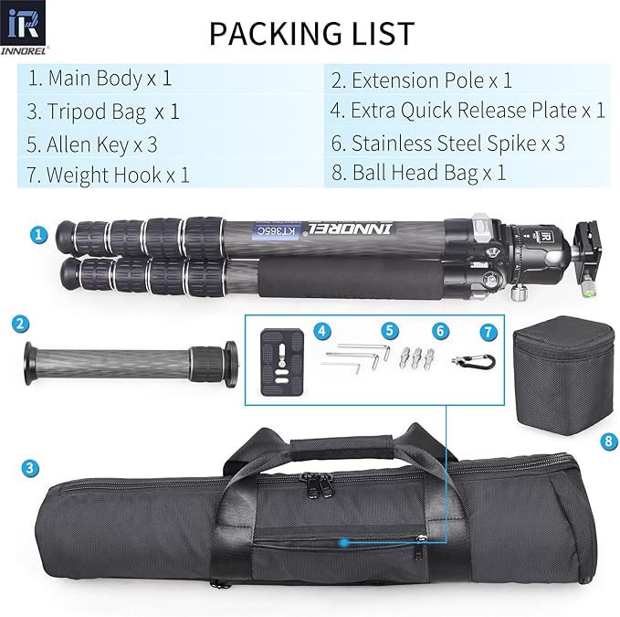 INNOREL Carbon Fiber Compact Tripod KT365C Professional 36mm Tube 5 Sections Heavy Duty Camera Stand for Digital DSLR Video Camcorder with 52mm Low Profile Panoramic Ballhead Center Column Load 30kg