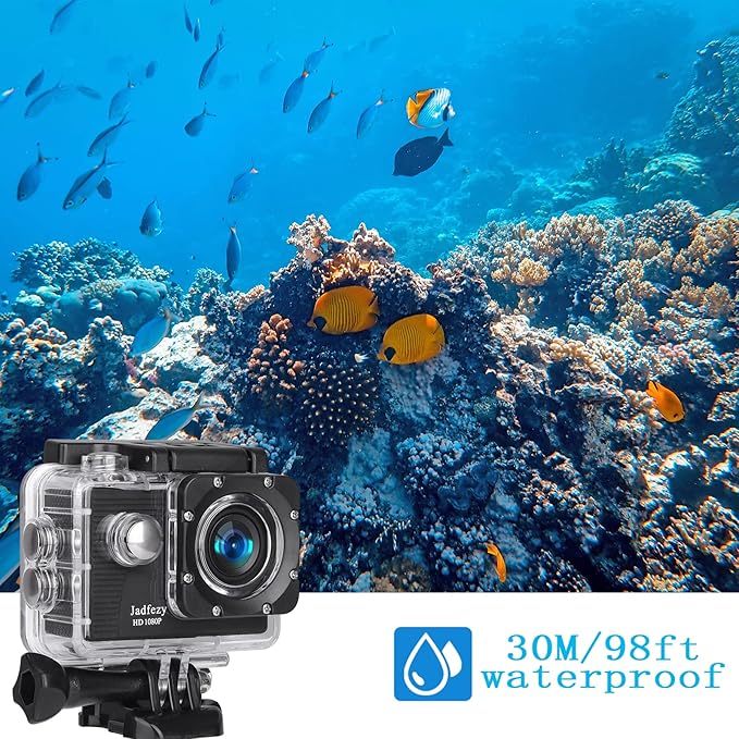 Action Camera FHD 1080P 12MP, 98FT/30M Underwater Waterproof Camera with 2 Batteries, Wide Angle Sports Camera with Accessories Kit Suitable for Helmet, Bicycle, etc.