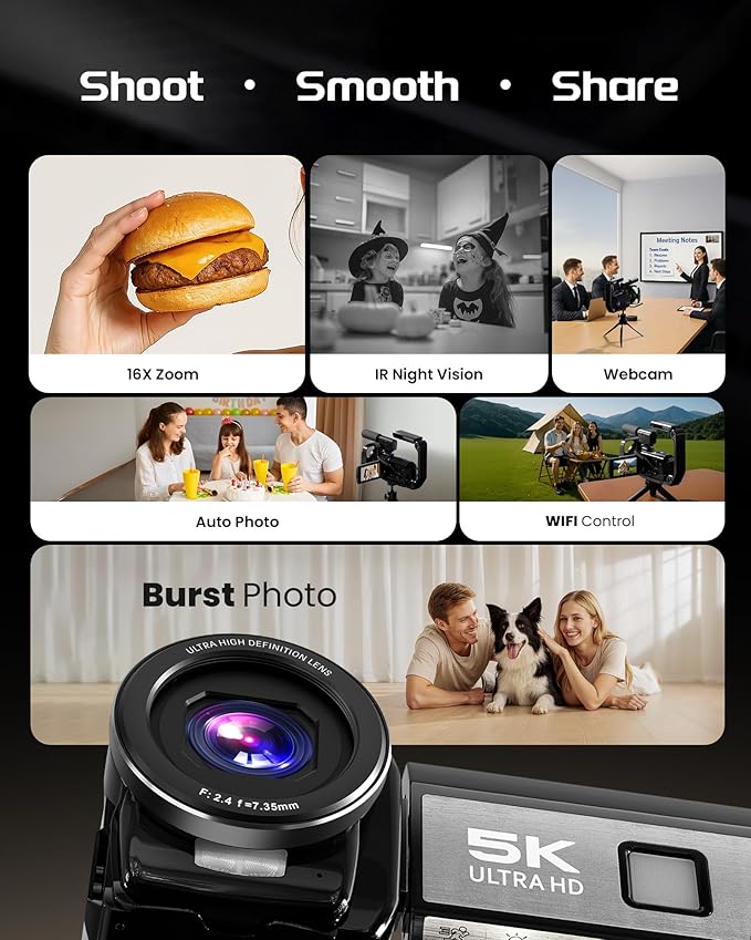 5K Video Camera Camcorder, UHD 64MP Vlogging Camera for YouTube with 3" 270° Rotatable Touch Screen, Digital Camera with IR Night Vision, 16X Zoom/WiFi/Webcam/HD/32GB Card/2 Batteries/Microphone