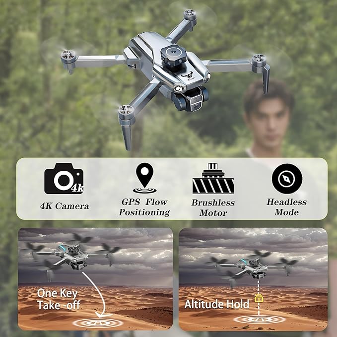 GPS Drone with 4K Dual Camera for Adults with 3 Batteries,Under 249g,Foldable HD Drones for Kids/Beginner,lntelligent obstacle avoidance/adjustable camera