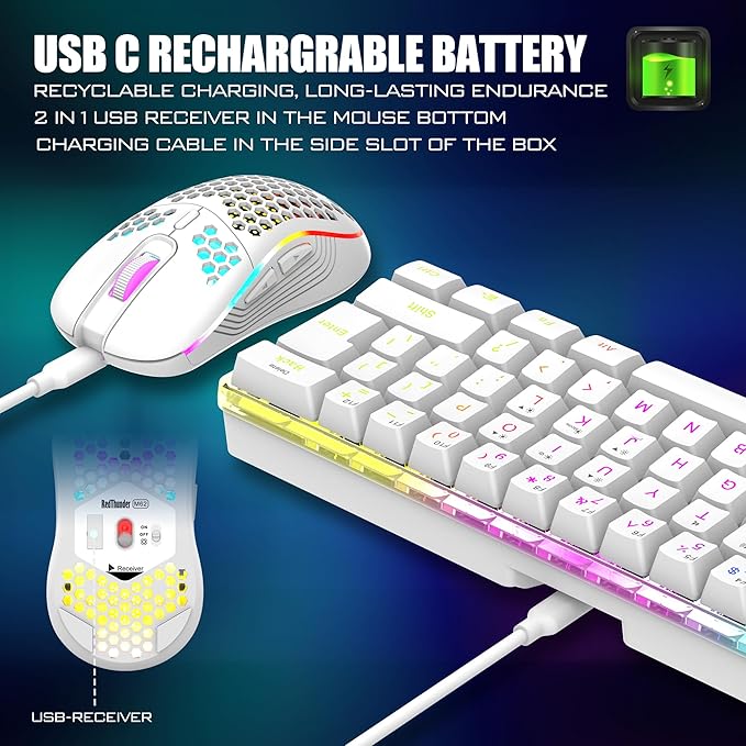 RedThunder 60% Wireless Gaming Keyboard and Mouse Combo, 2500mAh Rechargeable Battery, Ultra-Compact Small RGB Mechanical Feel Keyboard, Lightweight Honeycomb Optical Mouse for Gaming/Business, White
