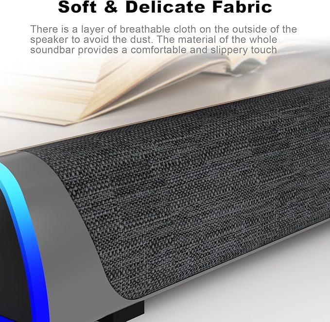 SOULION R30 Computer Speakers, Colorful LED Lights with Switch Button, Surround Sound Portable Computer Sound Bar Speakers for Desktop, Gray