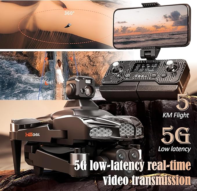 5G Brushless Drone with Camera for Adults 4K, 8K GPS FPV Drone with 3-Axis Gimbal & 360° Obstacle Avoidance - Foldable RC Drones for Adults, 5KM Transmission, 60min Flight, Auto Return, 50X Zoom (Sliver)