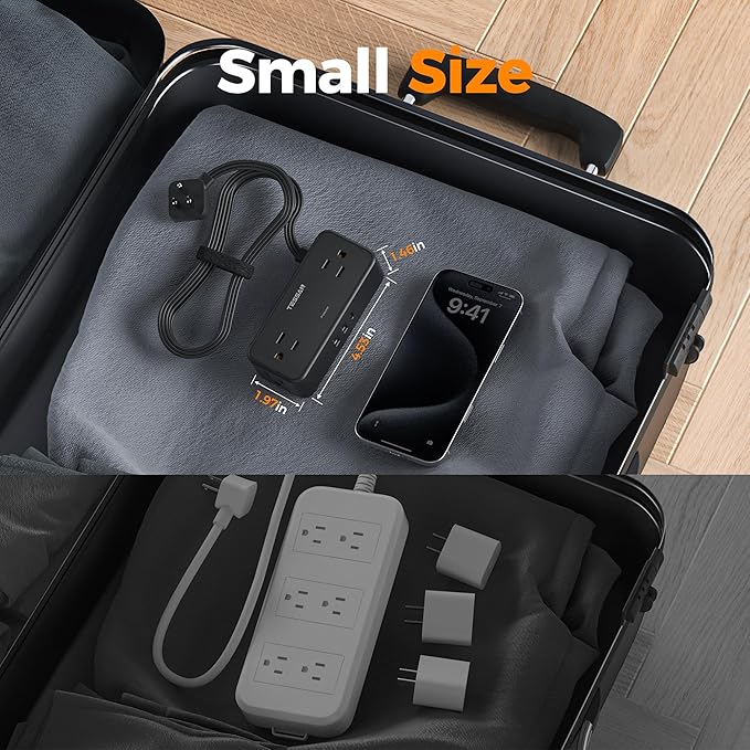 TESSAN Black Extension Cord 5 Ft, Flat Surge Protector Power Strip with 4 Wide Spaced AC Outlets 3 USB Ports (1 USB C), Ultra Thin Flat Plug with 900J Surge Protection, Office Dorm Room Essentials