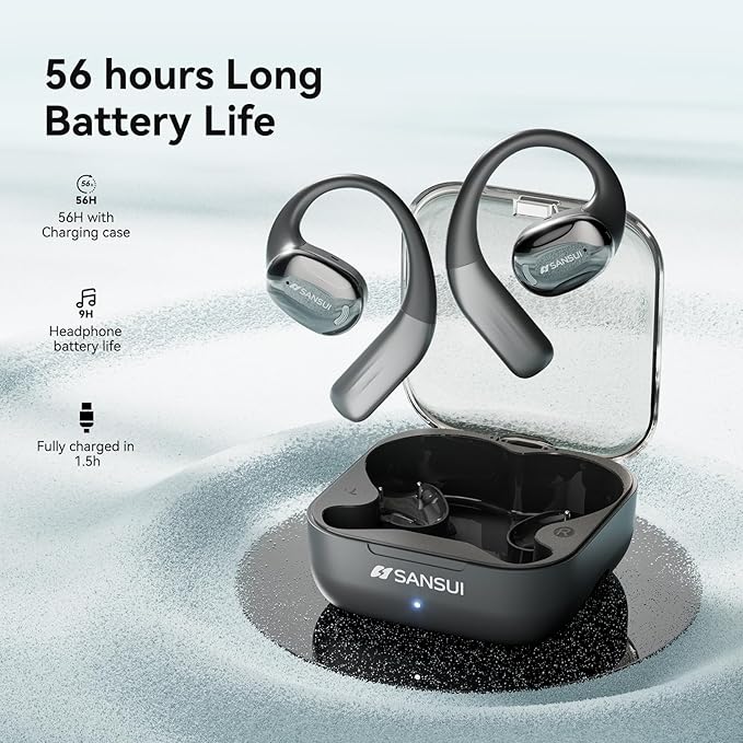 SANSUI Open Ear Headphones,Wireless Earbuds with Ergonomic Earhook,Bluetooth Headphones 5.4 with Noise Cancelling Mic,56H Playtime,IP55 Waterproof Ear Buds for Cycling,Running,Workout(Black)