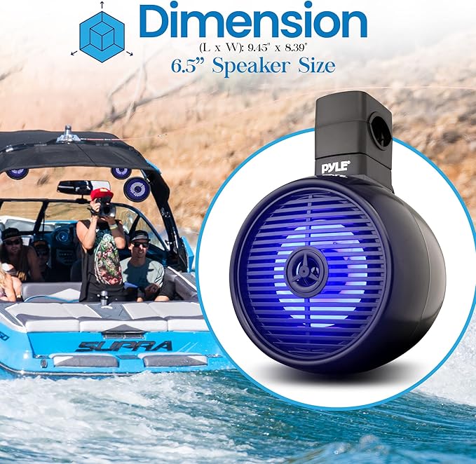 PyleUsa 6.5” Waterproof Off-Road Speakers - 200W 2-Way Marine Wakeboard Tower Sound System w/ LED Light, Full Range Outdoor Stereo Speaker for Car, ATV, UTV, Jeep, Boat, Includes Brackets (Black)
