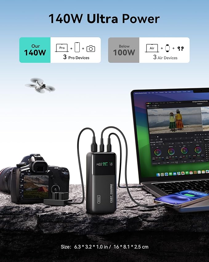 INIU 140W Power Bank, Compact 25000mAh High Capacity Laptop Portable Charger, USB C in&Out Tablet Powerbank, Smart Digital Display Phone Charger for iPhone 17 16, Samsung, iPad, MacBook, Laptop etc.