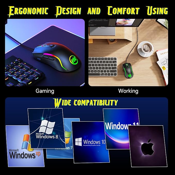 memzuoix Wired Gaming Mouse with RGB - 6 Adjustable DPI up to 12800, 6 Buttons, 12 Lighting Modes, Ergonomic Design with Anti-Slip Rubber Wheel, 5.6ft Braided Cable for PC/Mac/Windows - Black