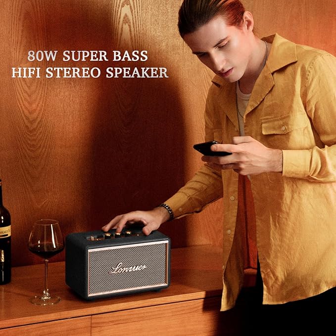 Retro Wooden Portable Wireless 10000mAh Battery Loud Bass Subwoofer TWS Bluetooth Speaker with AUX Input, SD Card Slot, USB Port for Outdoor Party (Black)