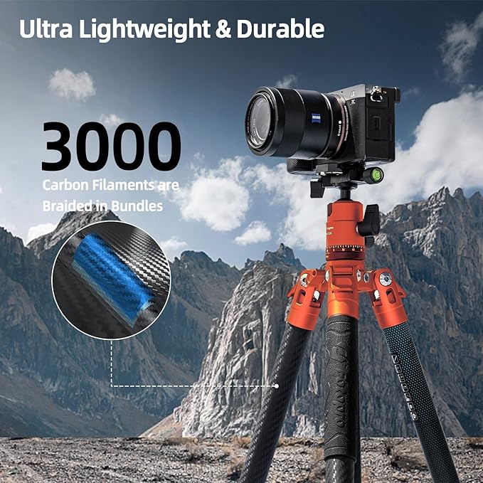 Fotopro Carbon Fiber Tripod 60 Inch 360 Degree Ball Head Quick Release Plate Lightweight Camera Tripod for Travel Tripod Folded Height Only 14.2",Max Loads up to 22lbs,Orange