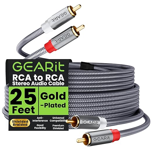 GEARit RCA Cable (25FT) 2RCA Male to 2RCA Male Stereo Audio Cables Shielded Braided RCA Stereo Cable for Home Theater, HDTV, Amplifiers, Hi-Fi Systems, Car Audio, Speakers, 25 Feet