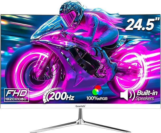 Gaming Monitor 24.5 Inch 200Hz Built-in Speakers, 180hz PC Monitor FHD 1080P Frameless Computer Monitors, VA,sRGB 100%, DisplayPort, HDMI, Eye Care, Wall Mount Compatible (White)