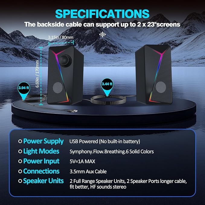 Computer Speakers for Desktop PC, USB-Powered Gaming Speakers for Laptop – Multi Colorful LED Backlight Modes, Stereo Sound for Gamers Music Movies, Indoor & Outdoor Use, 3.5mm AUX Cable