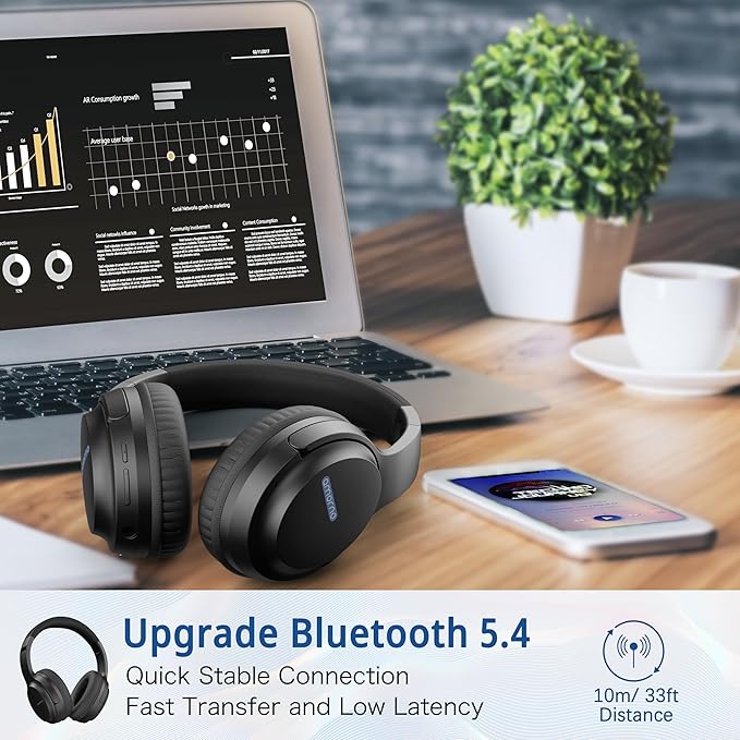 AMORNO Bluetooth Headphones Over Ear, 68 Hours Playtime Wireless Headphones with Mic, Foldable Adjustable Lightweight HiFi Stereo Headset for Cellphone/PC/Work/Travel/Home/Office (Black)