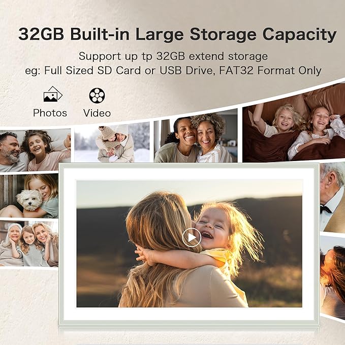 Digital Picture Frame, 15.6 Inch Frameo Digital Frame WiFi, 1920*1080 IPS FHD Touchscreen, 32GB, Tabletop&Wall-Mounted, Share Picture Video, Electronic Photo Frame Slideshow, Gifts for Mom, White Clay
