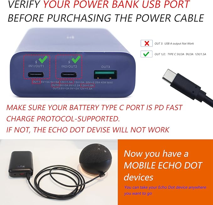 USB C to DC Charger Adapter for Echo Dot 3rd/4th Gen, Echo Dot 3rd/4th Gen with Clock Kids,Echo Spot (Black)